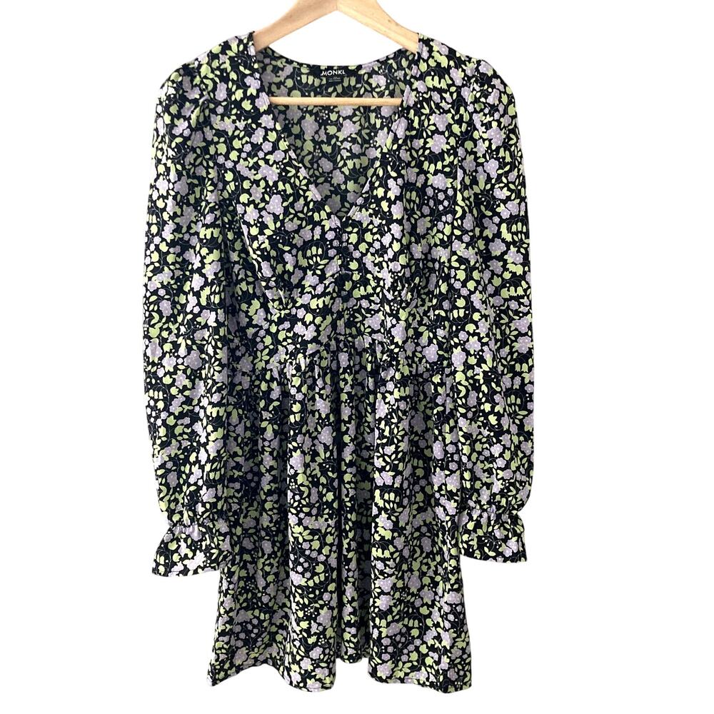 Monki Long Sleeve V Neck Dark Floral Dress Frill Cuffs Cottagecore Medium